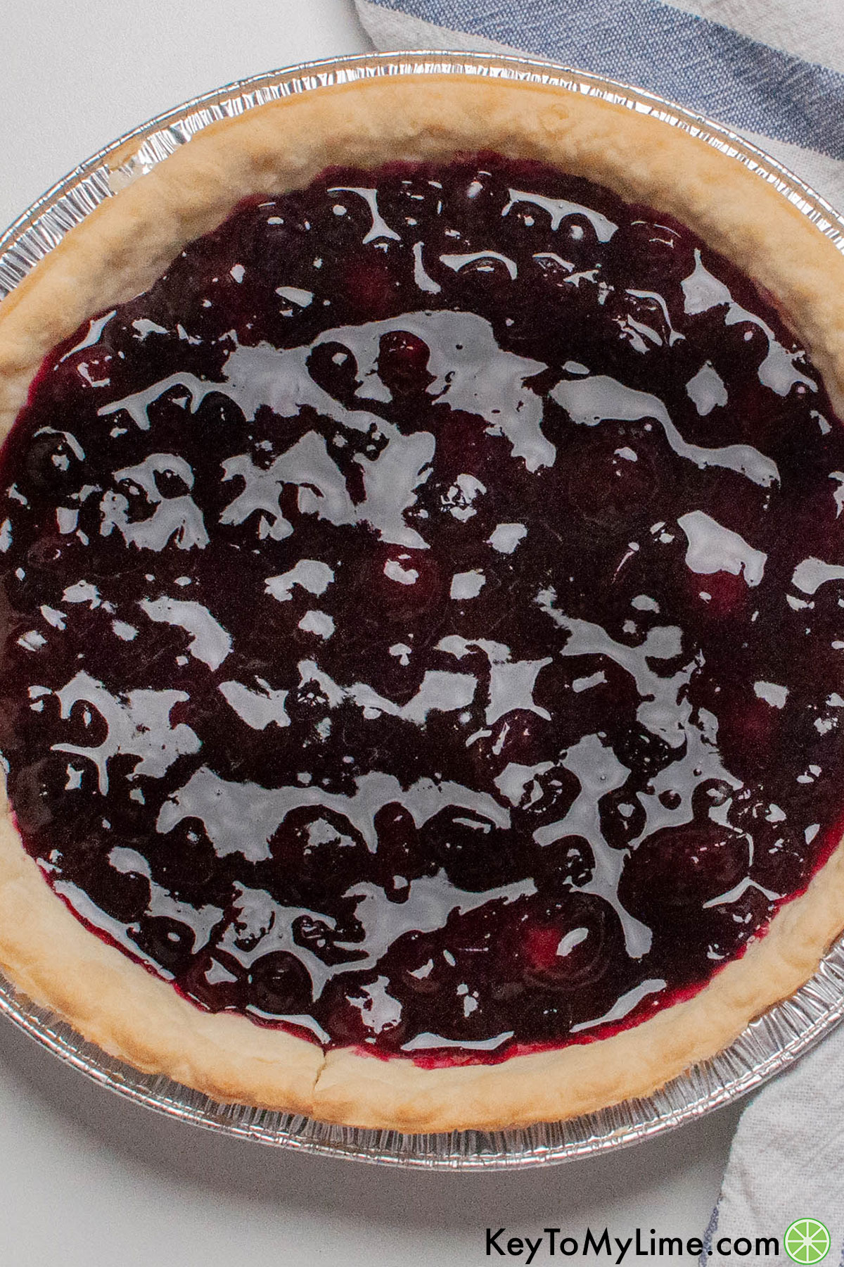 An overhead image of a finished blueberry pie using our freshly made filling.