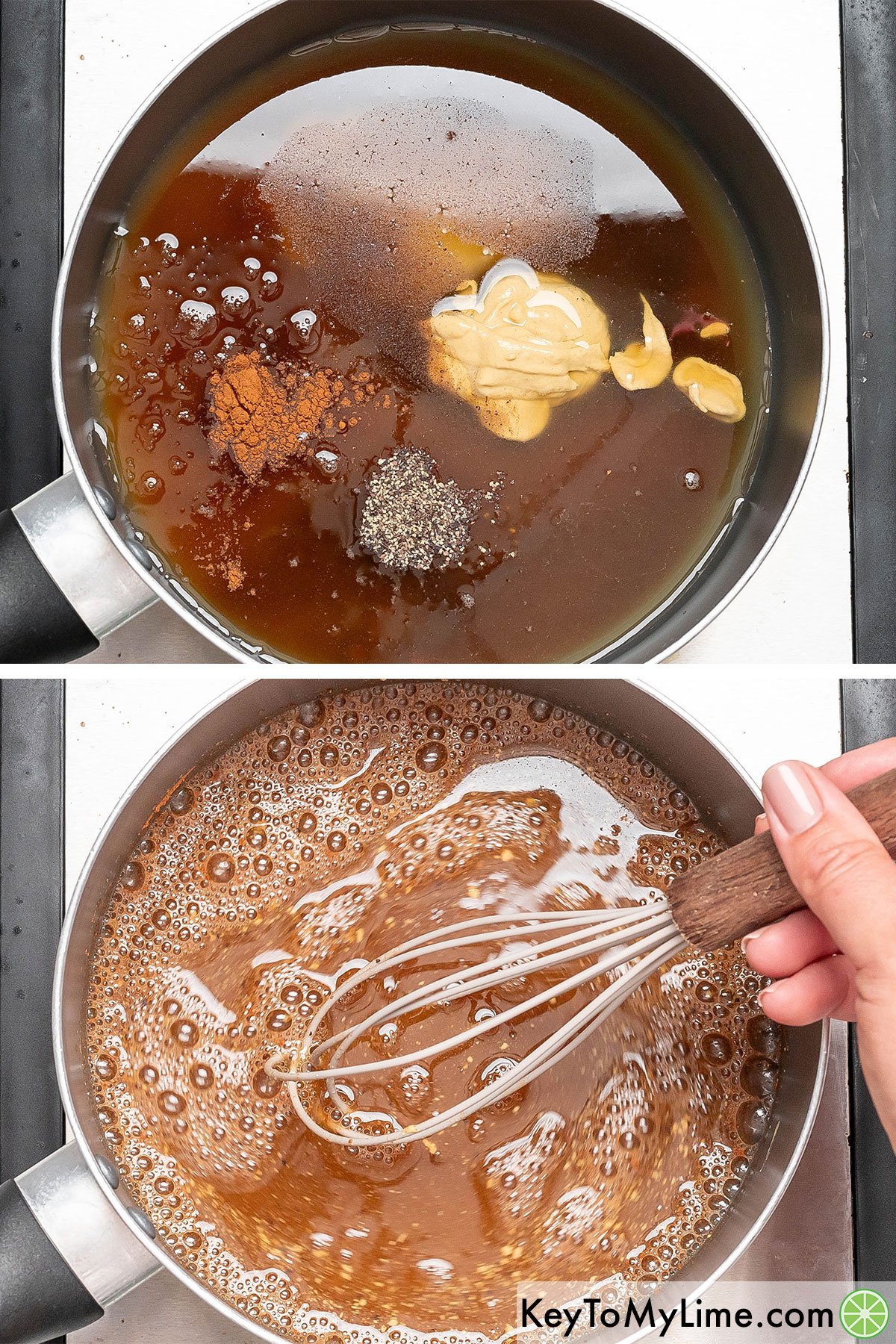 Adding pineapple juice, brown sugar, honey, Dijon mustard, apple cider vinegar, cinnamon, cloves, and black pepper to a sauce pan, and then whisking in the slurry mixture once boiling.