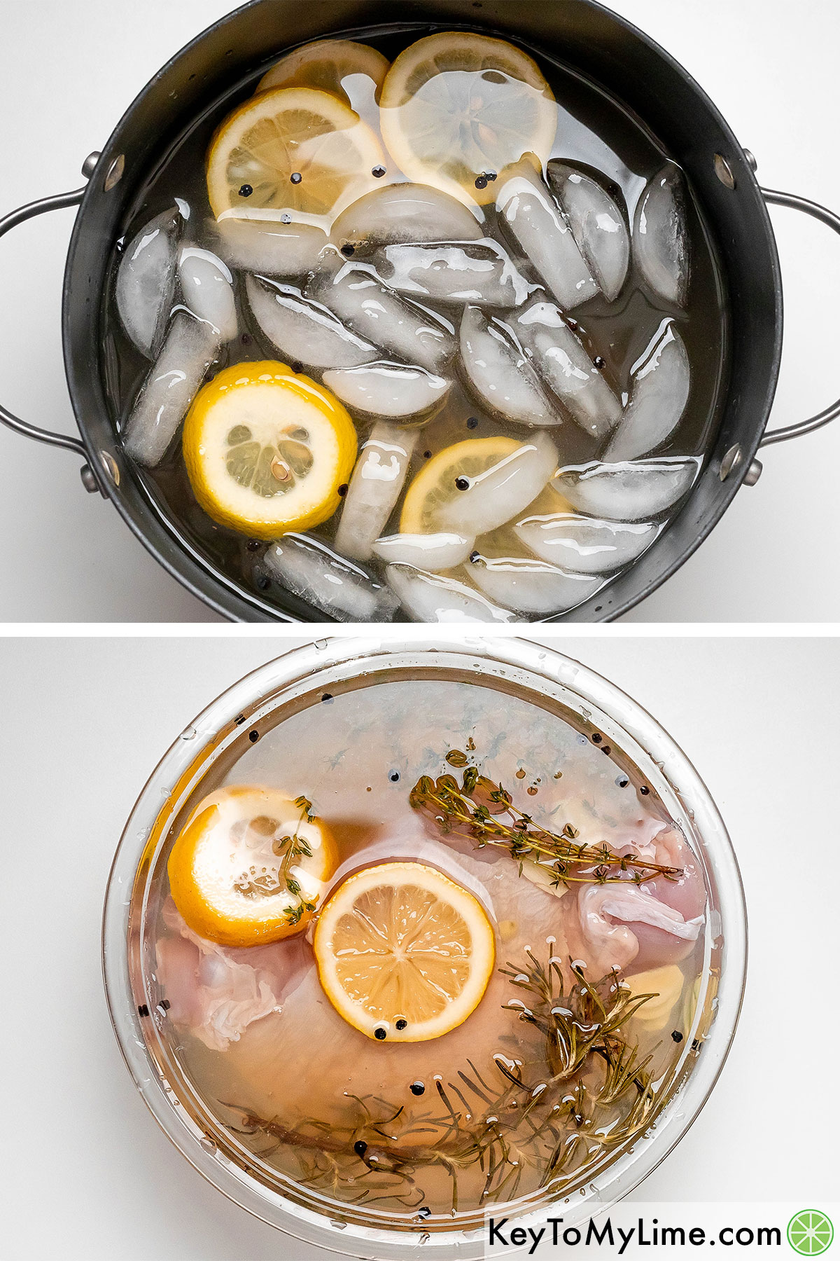Adding apple cider and ice cubes to cool the brine down, and then submerging a turkey breast in brine.