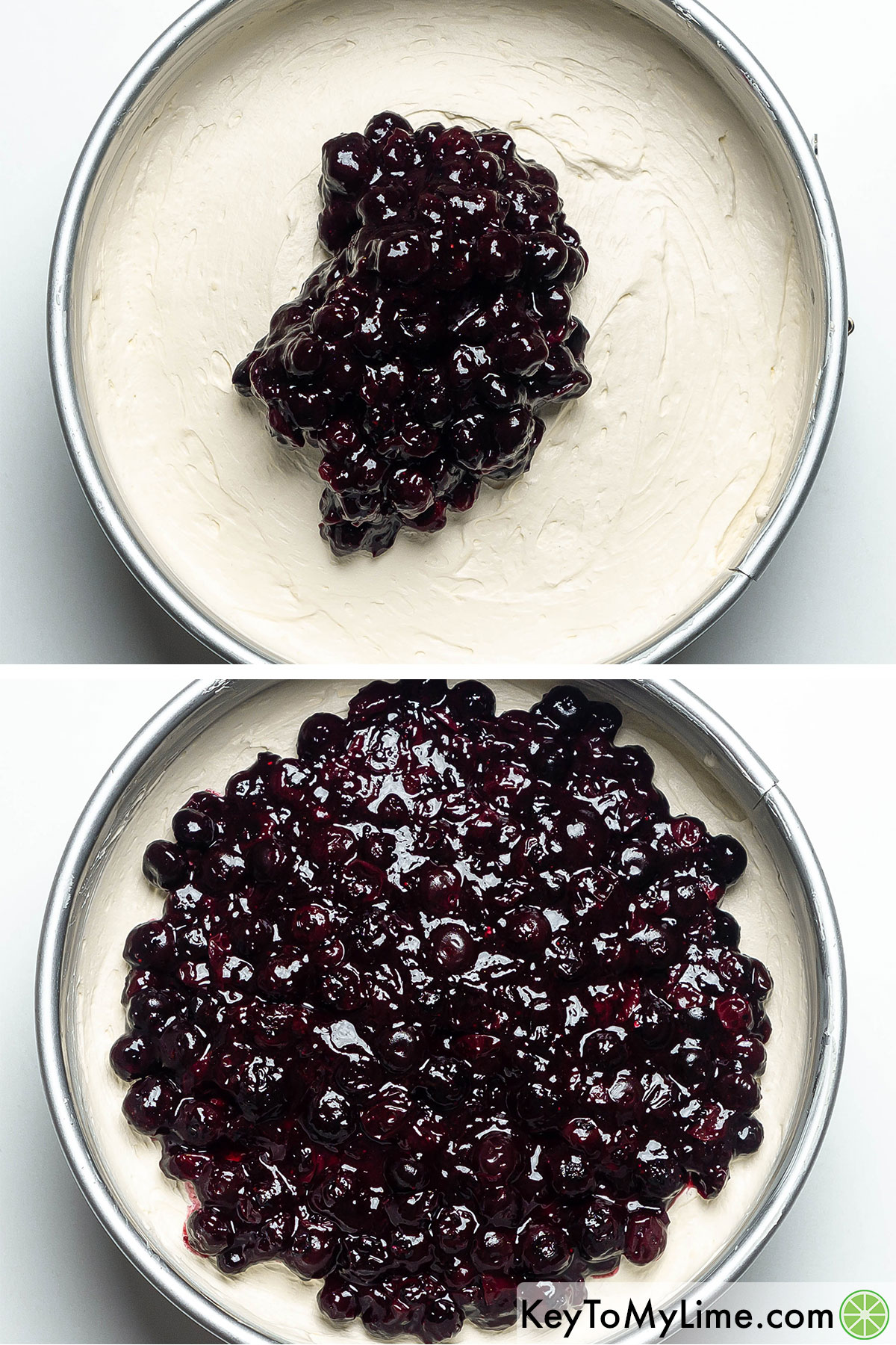 Adding the cooled berries to the top of the cheesecake, and then spreading out evenly.