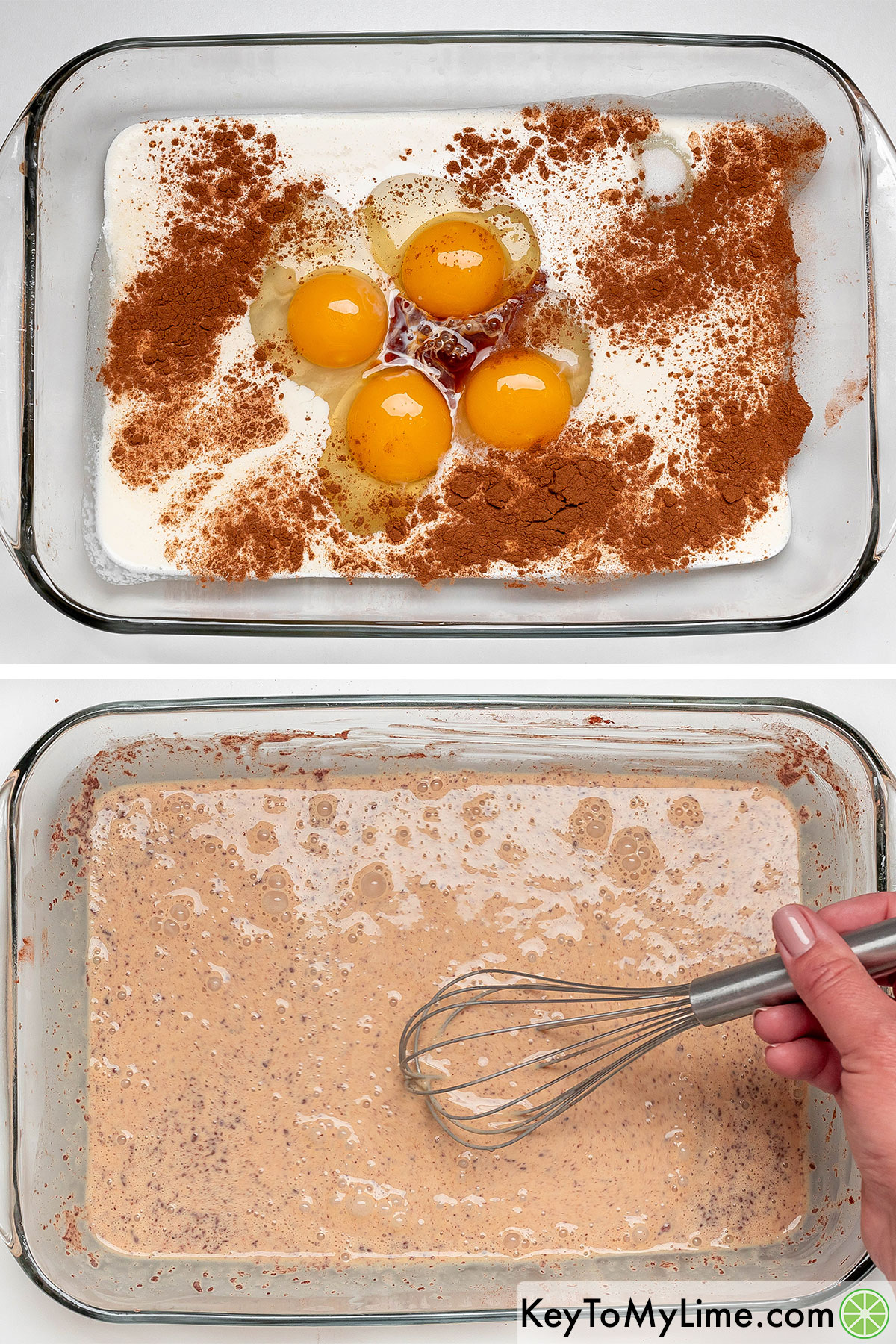 Adding eggs, heavy cream, vanilla extract, and cinnamon to a large casserole dish, and then whisking to combine.