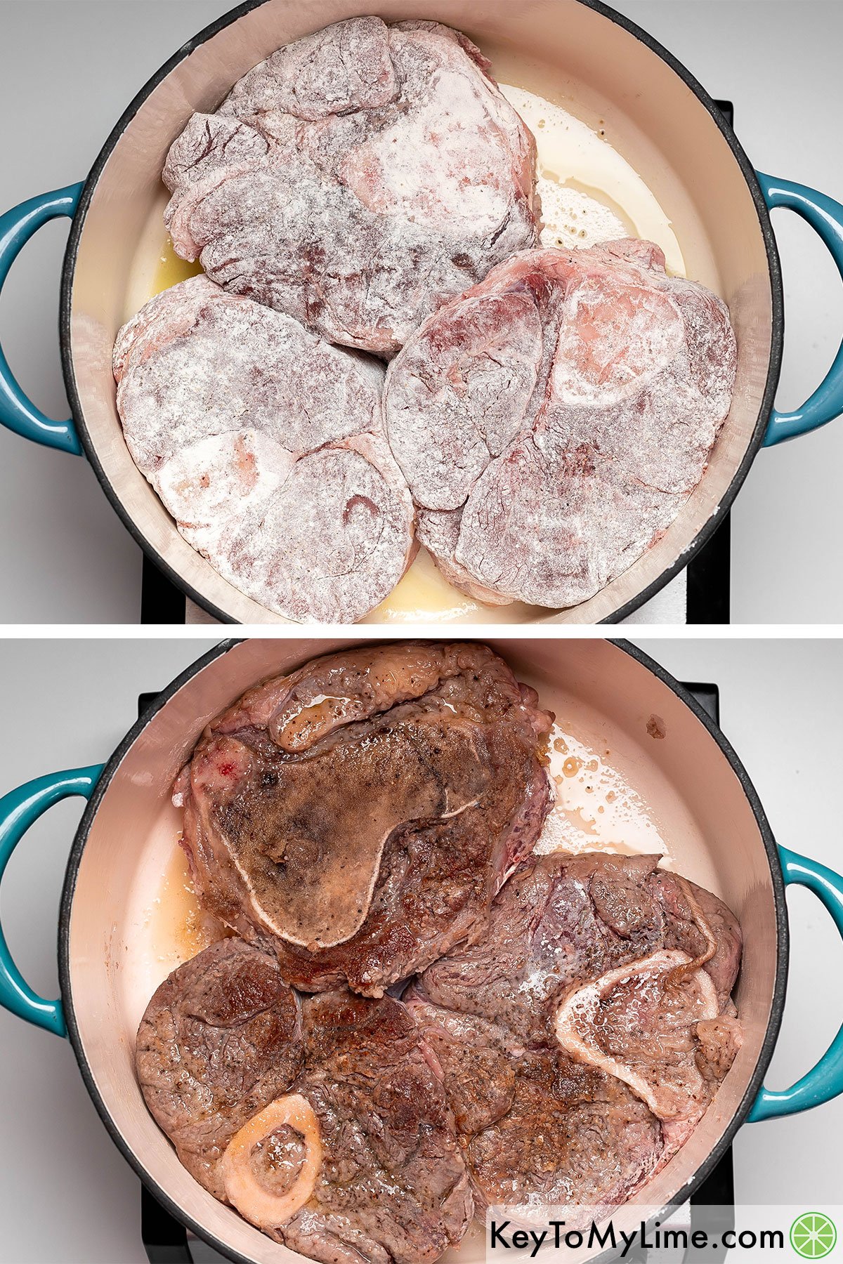 Adding the coated and seasoned shanks to a large dutch oven and searing both sides with hot oil.