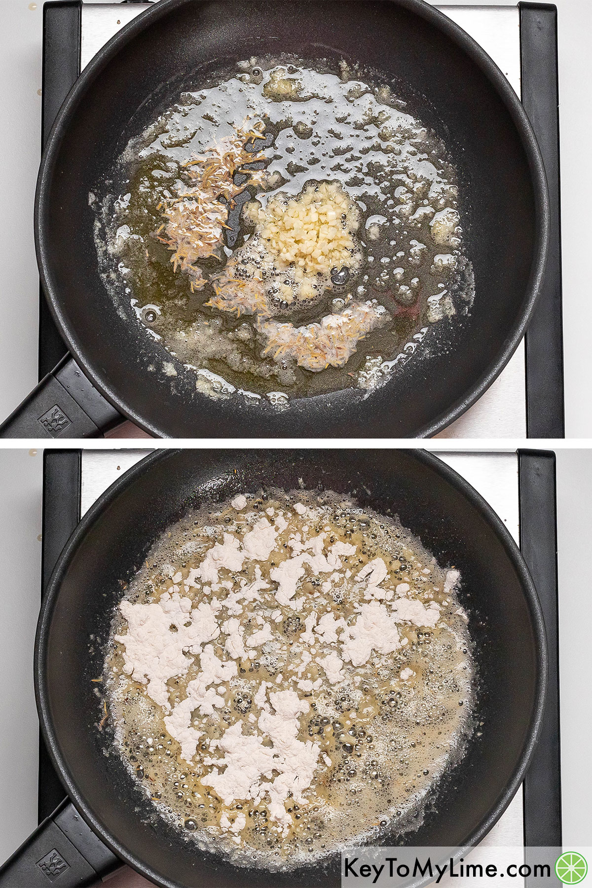 Adding minced garlic and rosemary to the melted butter in a hot sauce pan, and then sprinkling in flour.