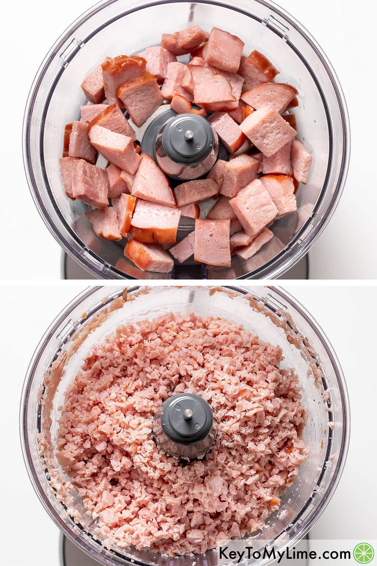 Adding ham chunks to a food processer, and then blending until a consistent ground pork texture.