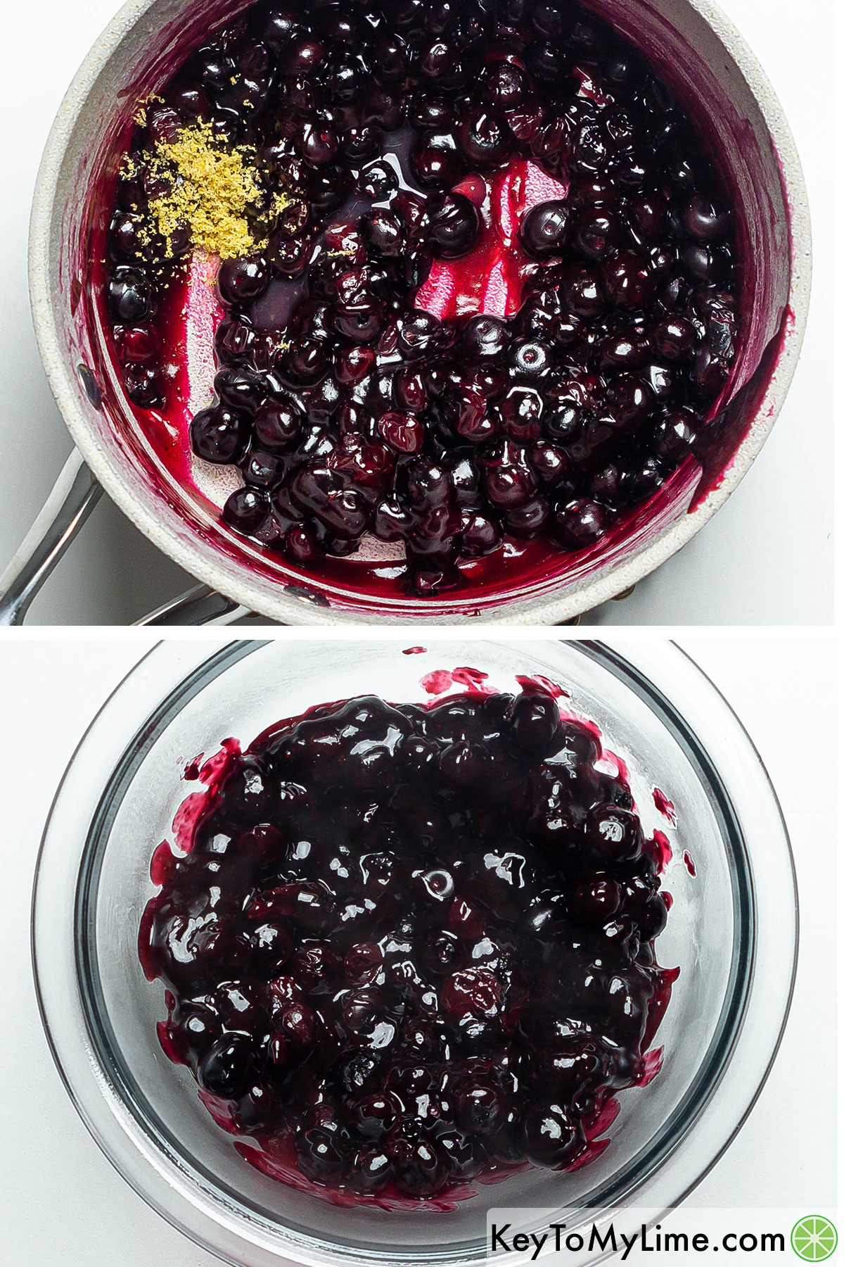 Adding lemon juice and zest, and mixing into the blueberry mixture before moving to a bowl.