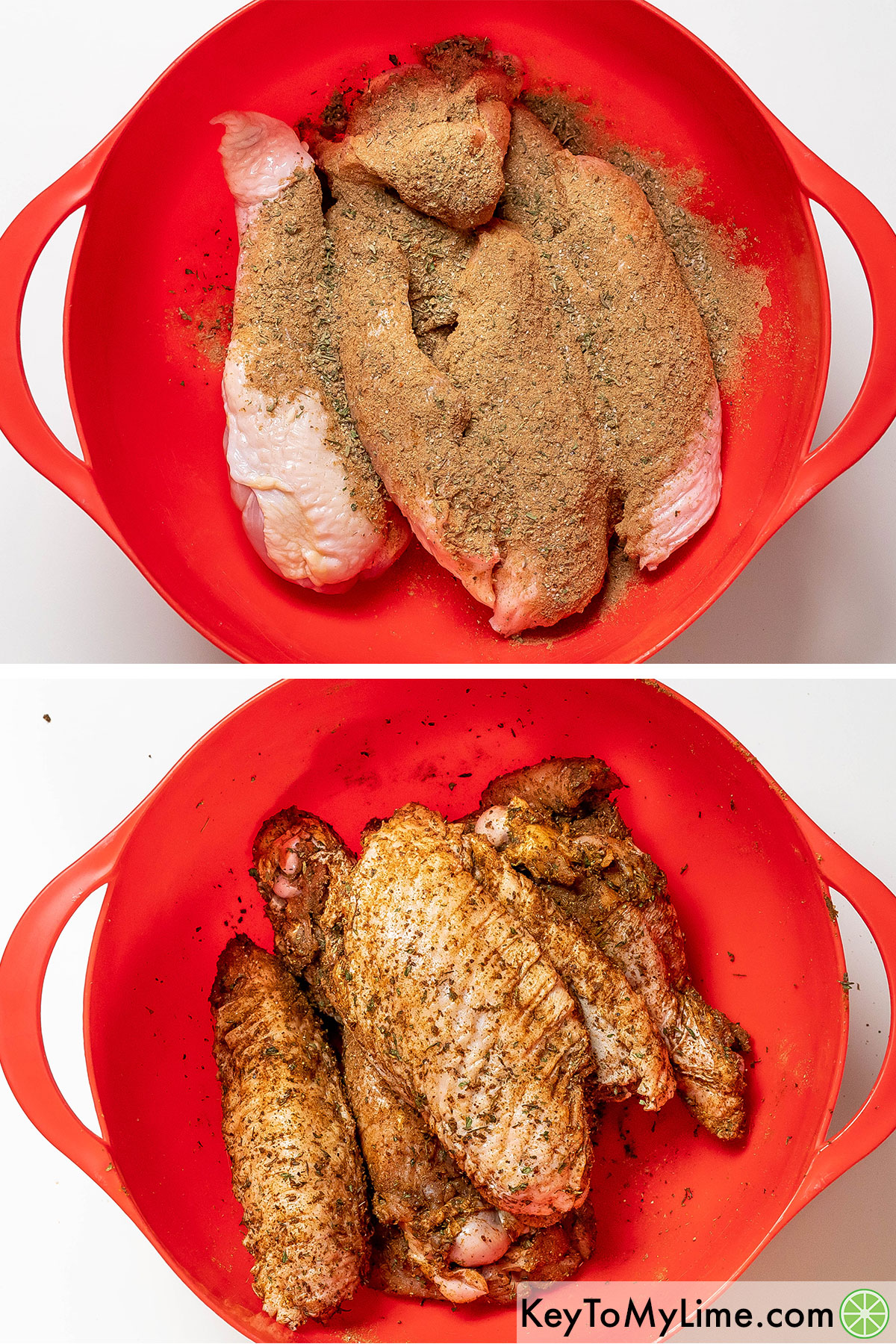 Adding the dry rub ingredients to the top of the oiled turkey wings, and then mixing until fully coated.