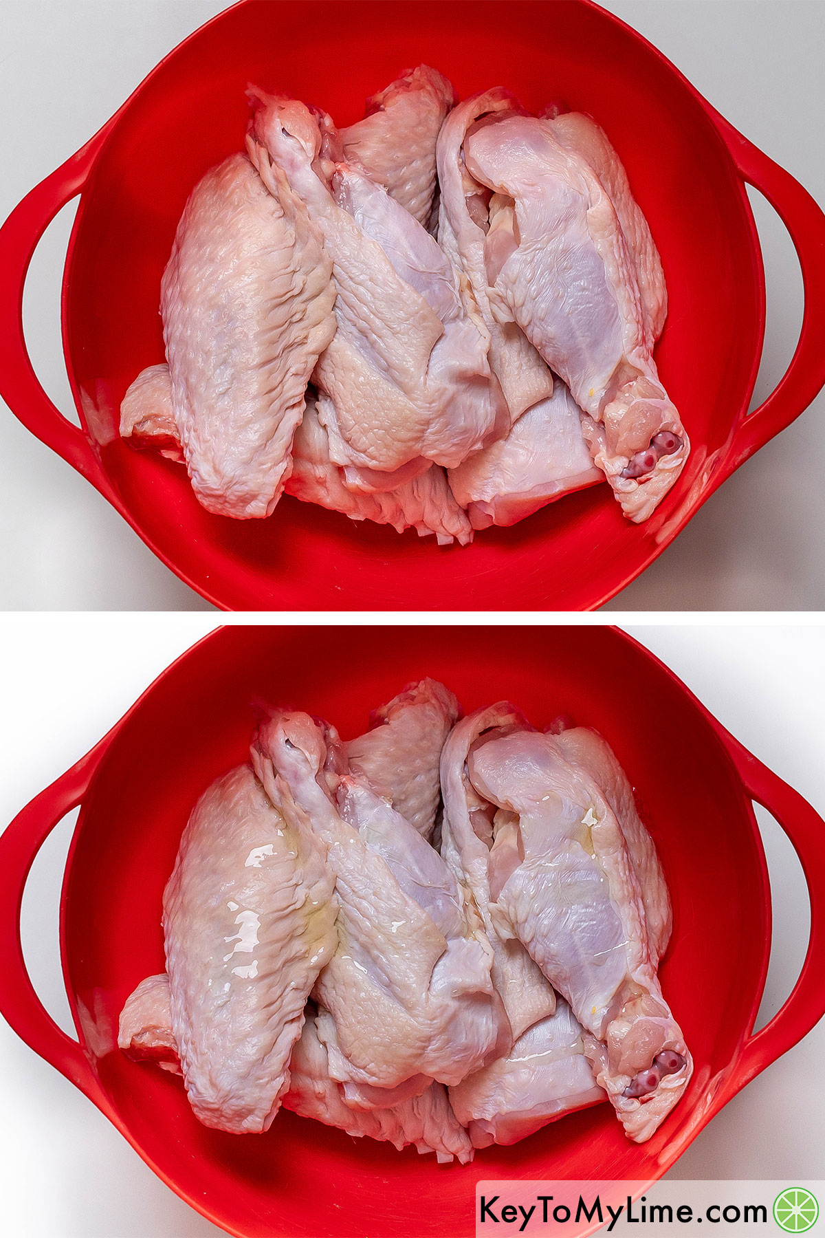 Adding the rinsed and dried turkey wings to a large mixing bowl, and then drizzling with olive oil.