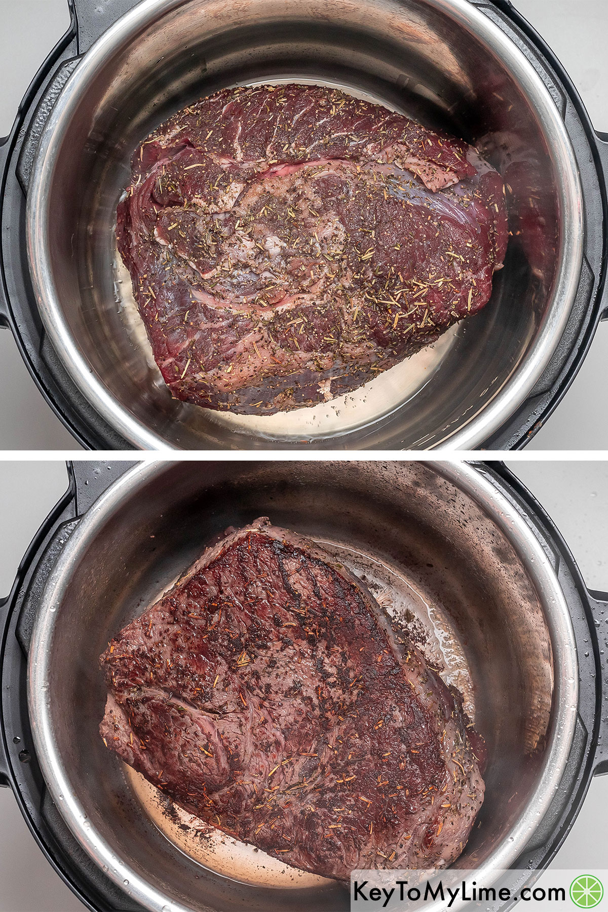 Adding and searing the roast in an instant pot once the oil is hot.