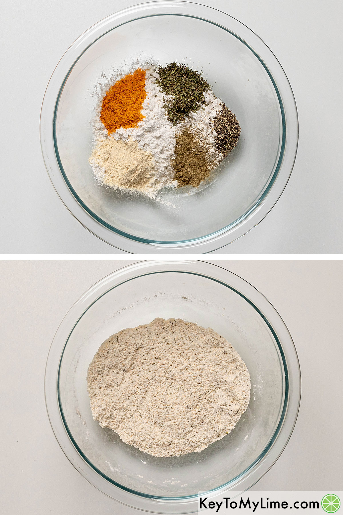 Adding the seasonings to a small mixing bowl with flour, and then mixing together.