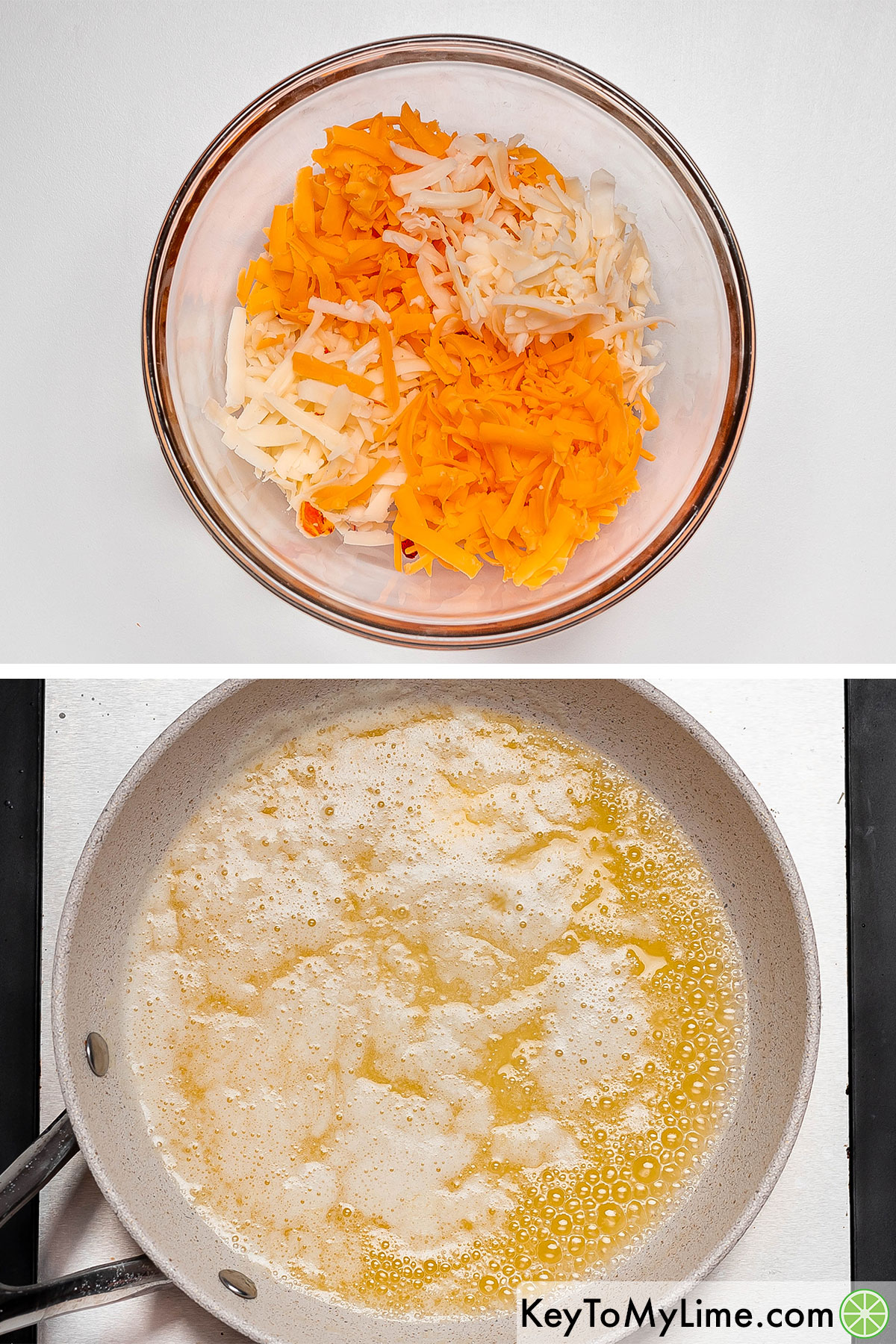 Combining the shredded cheeses together in a medium sized mixing bowl, and then melting butter in a small hot sauce pan.