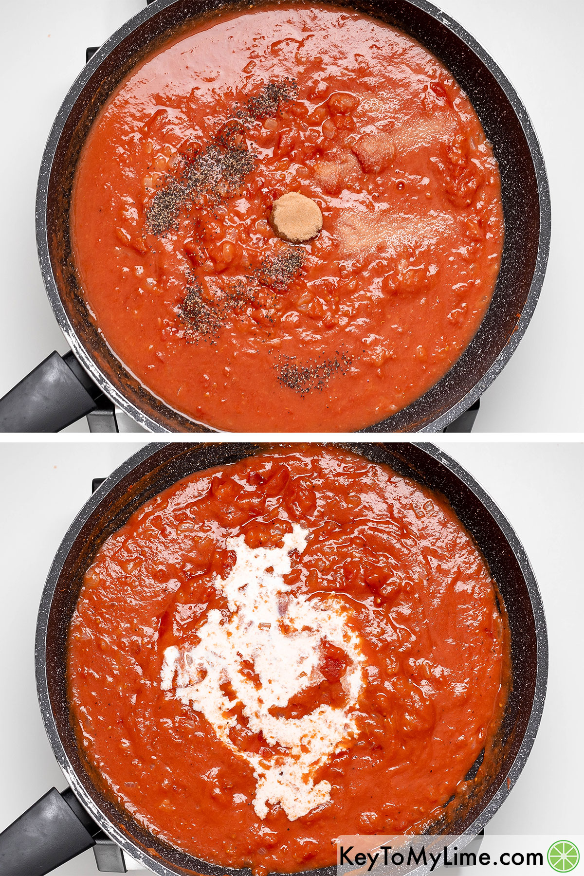 Adding sugar, salt, and pepper to the tomato mixture and simmering before adding the cream.