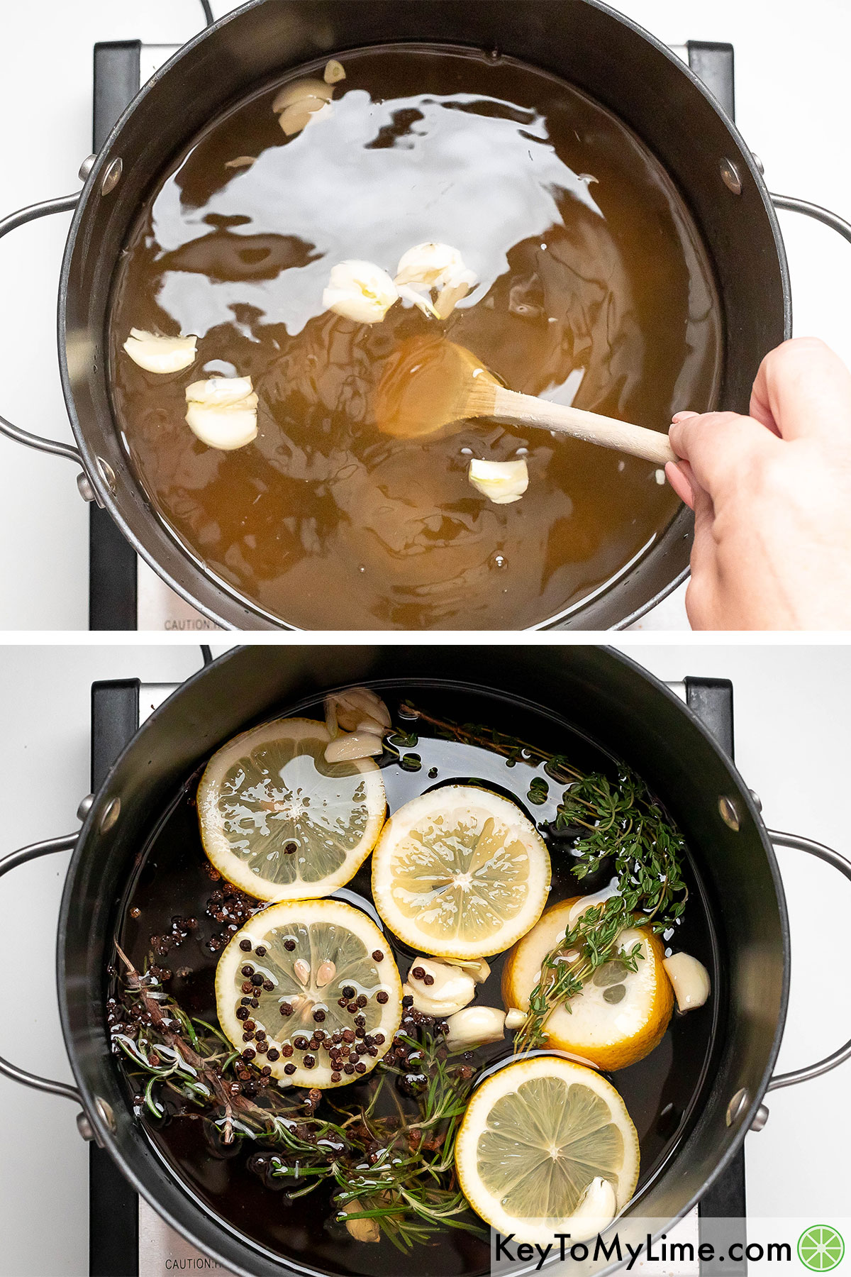 Adding lemon wedges, fresh garlic, and fresh herbs to the broth mixture once the salt has dissolved.