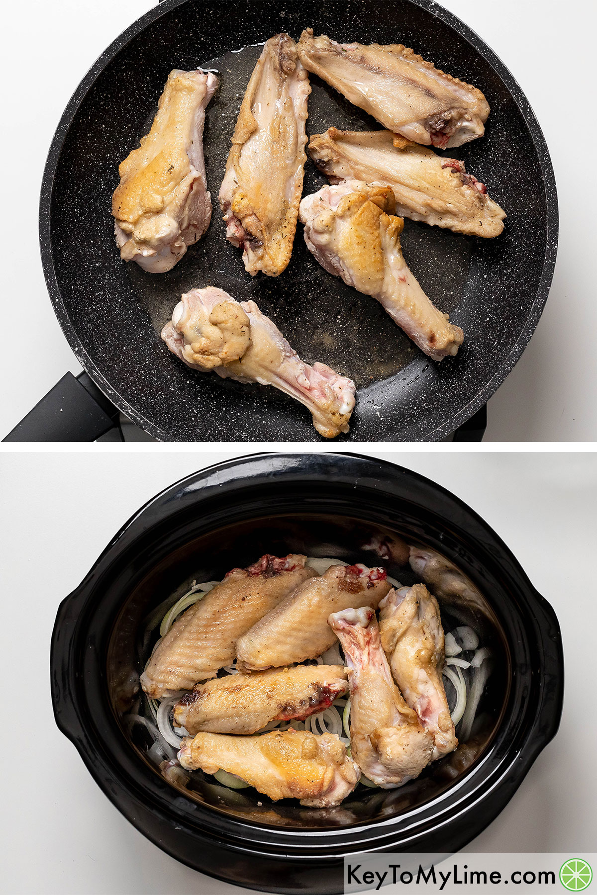 Transferring the turkey wings to the crockpot after browning all of the sides in a skillet.