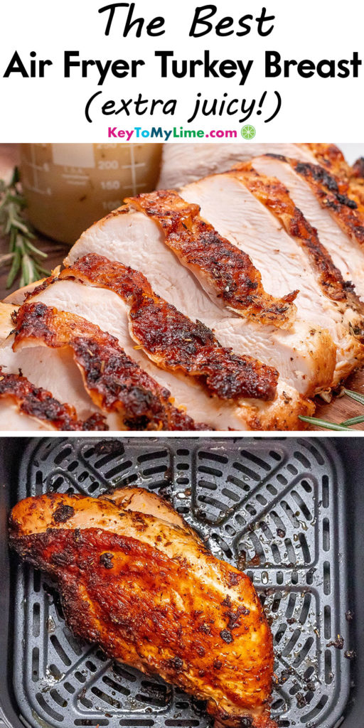 A Pinterest pin image with a picture of an air fryer turkey breast with title text at the top.