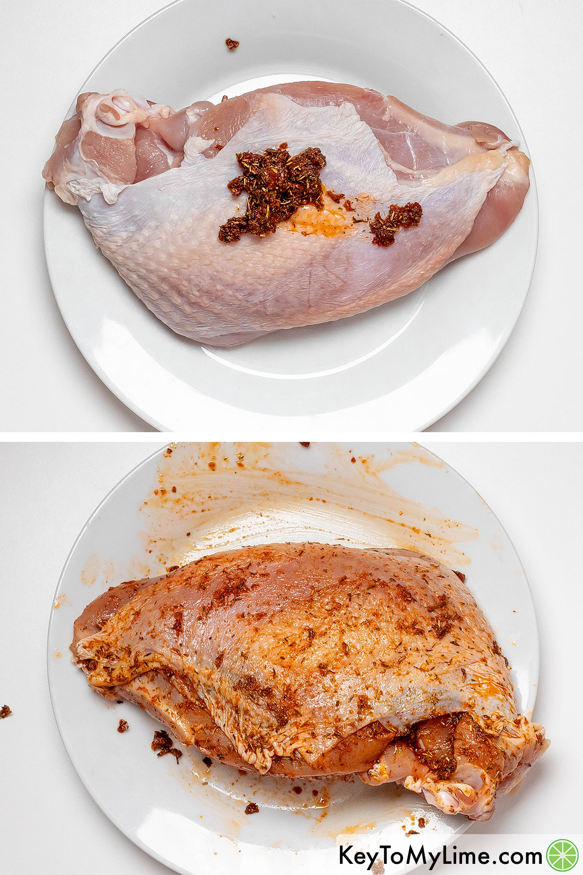 Adding the rub and massaging both sides of the turkey breast.