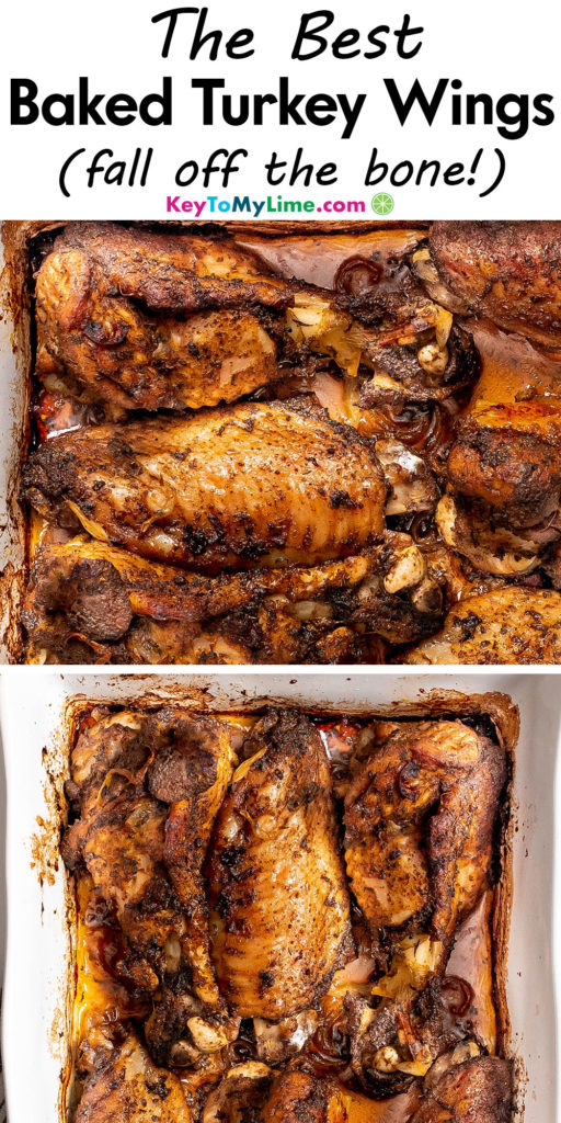 A Pinterest pin image with a picture of baked turkey wings with title text at the top.