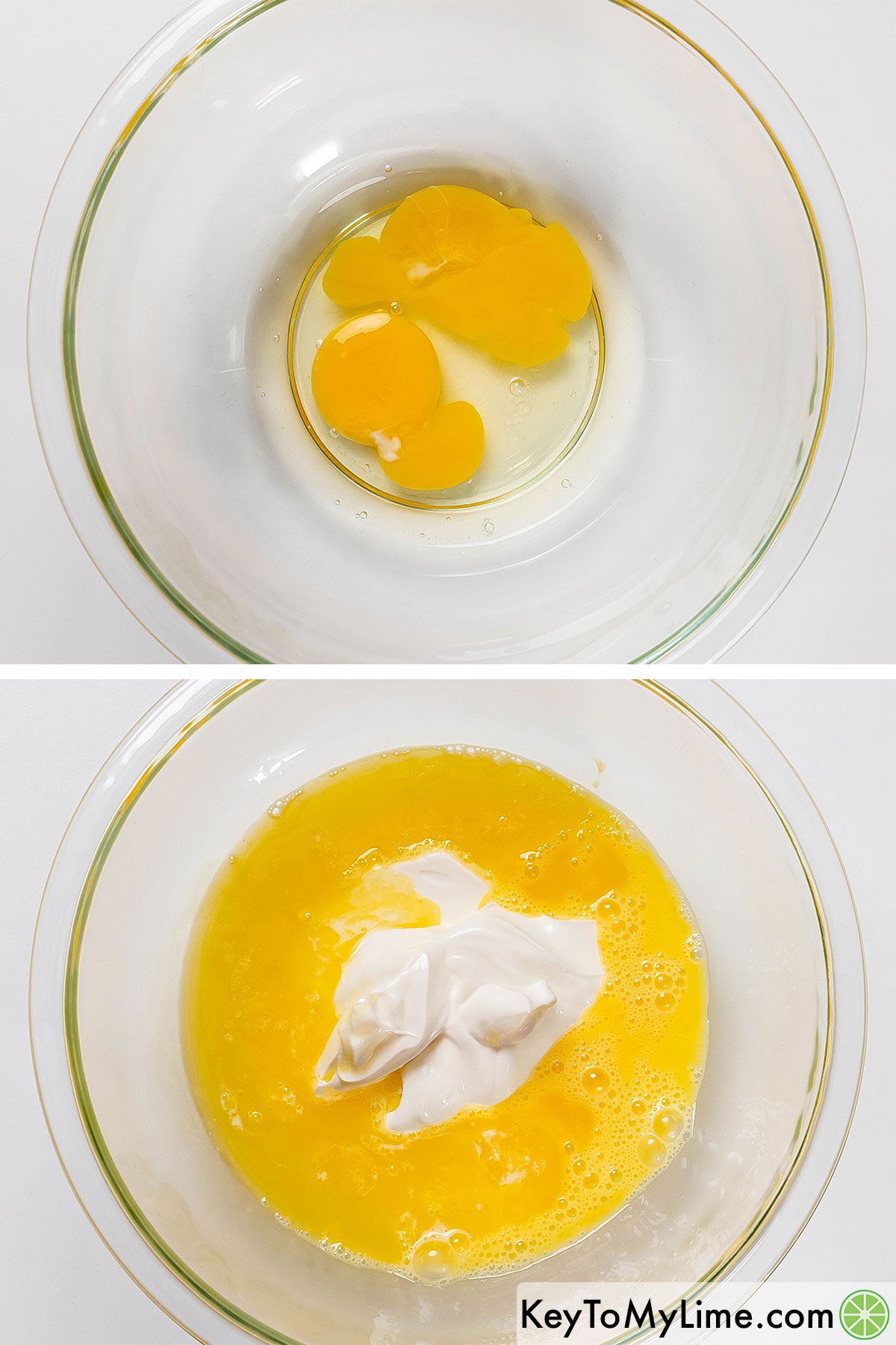 Whisking eggs in a large mixing bowl,  then adding in sour cream and melted butter and mixing together.