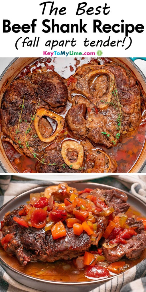 A Pinterest pin image with a picture of a beef shank recipe with title text at the top.