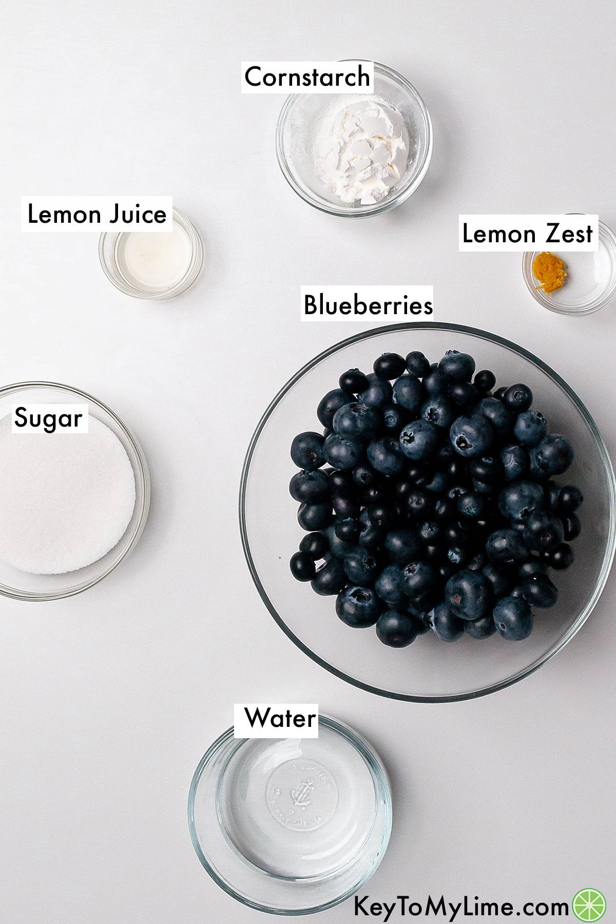 The labeled ingredients for blueberry pie filling.