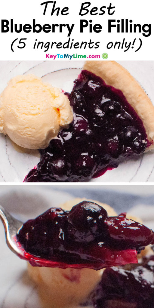 A Pinterest pin image with a picture of blueberry pie filling with title text at the top.