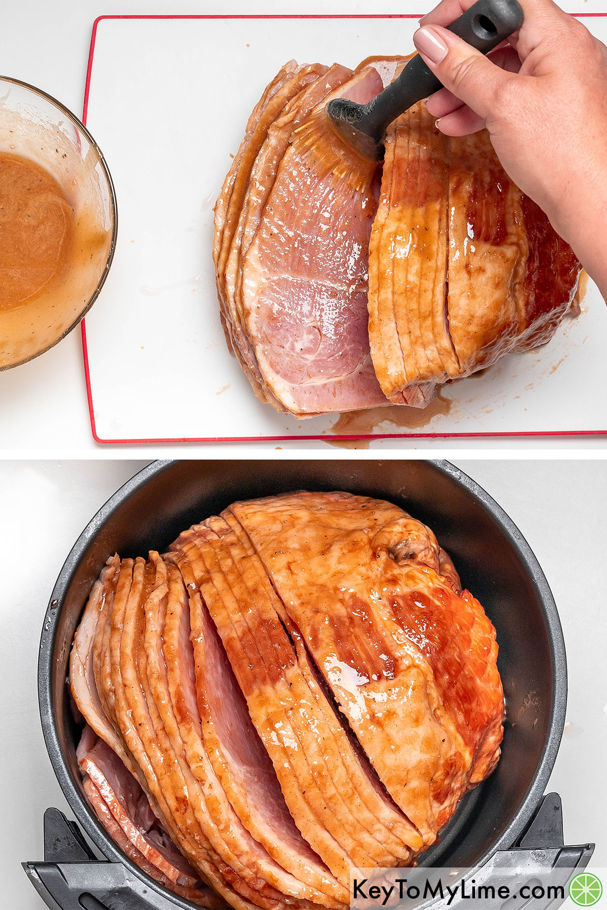 Brushing two thirds of the mixed glaze on top of the spiral ham, and then placing the ham in an air fryer basket.