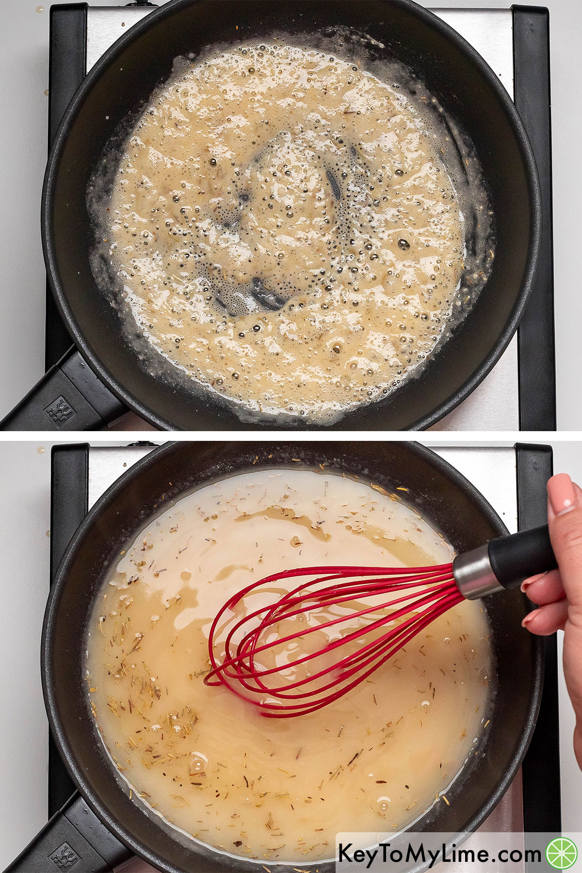 Mixing the flour into the butter and garlic mixture to form a roux, and then whisking in broth and simmering to thicken.