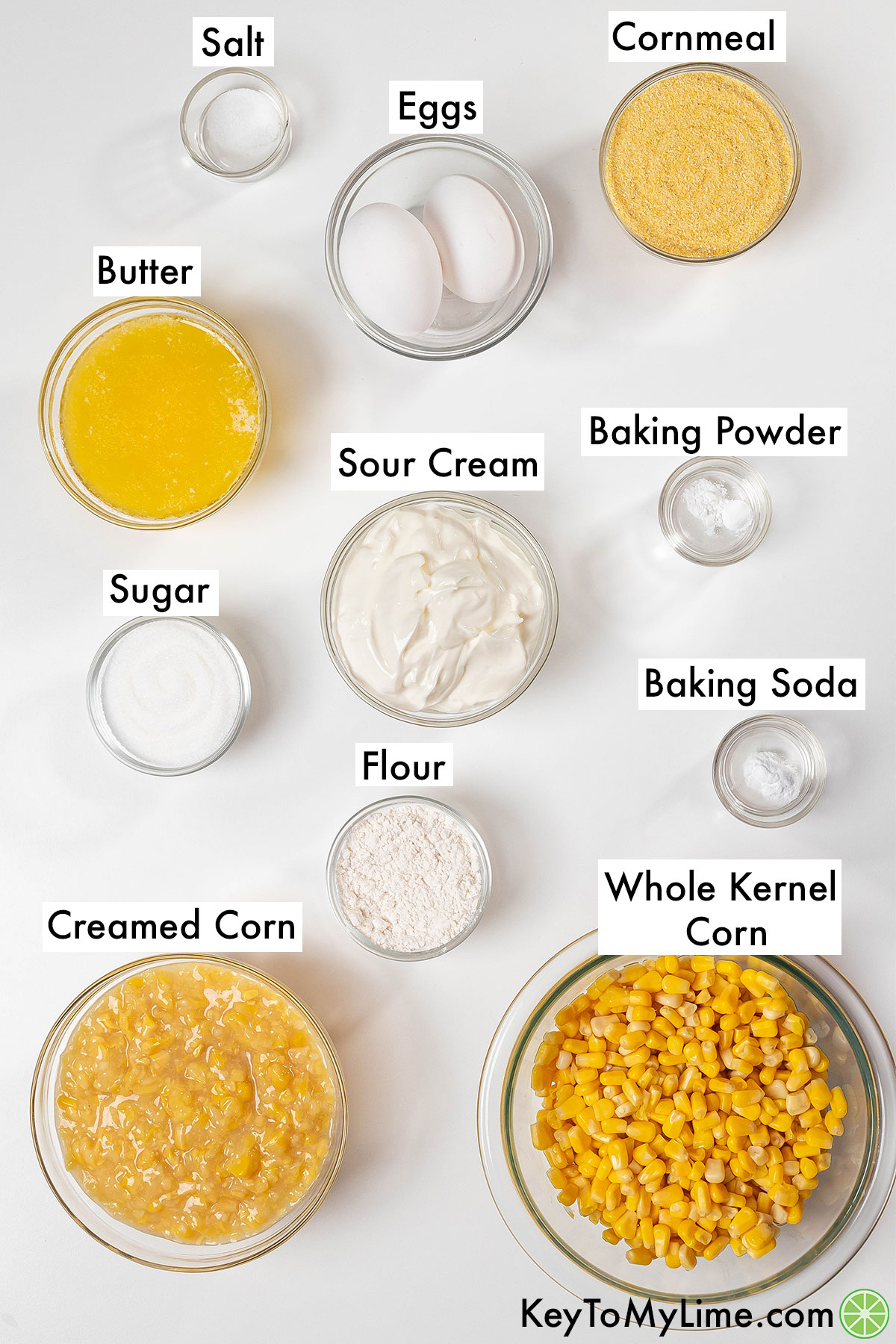 The labeled ingredients for corn casserole without jiffy.