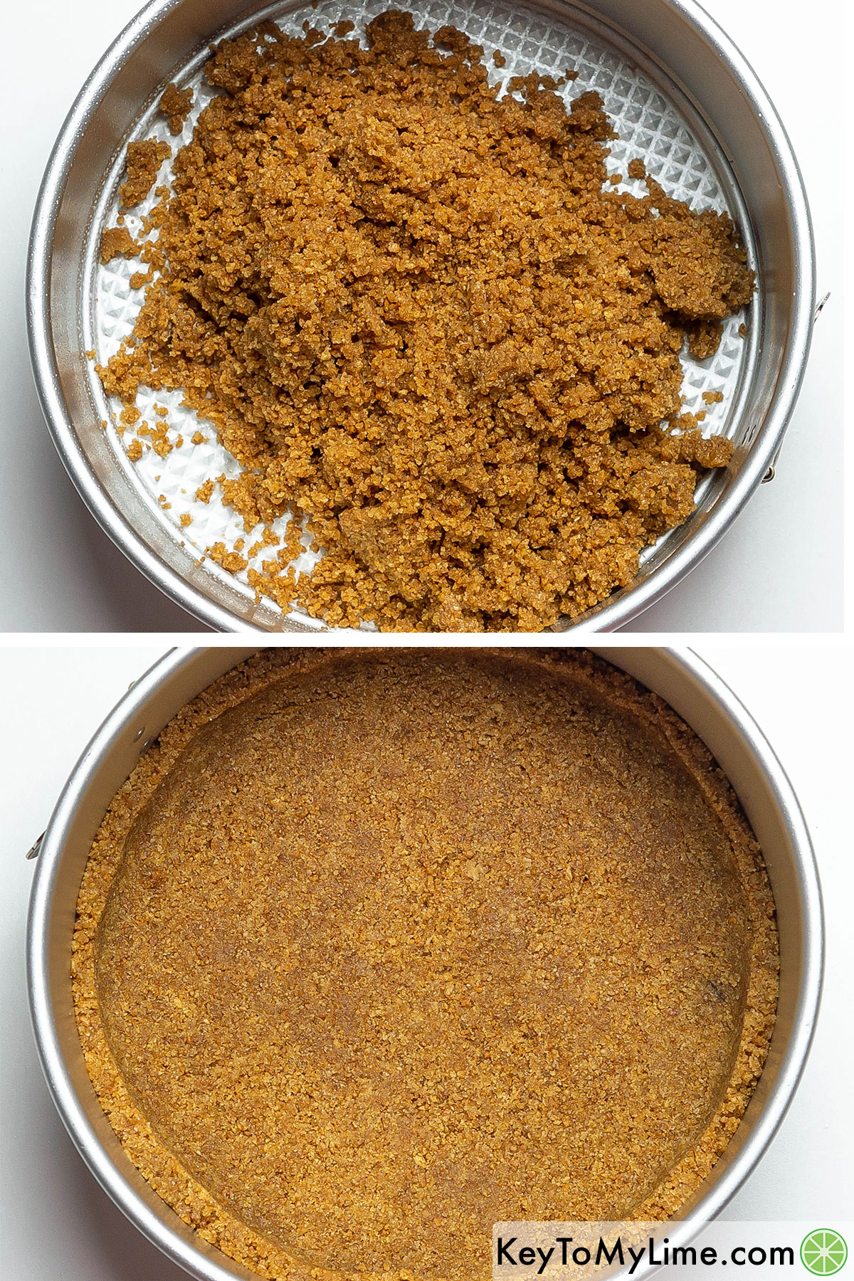 Evenly spreading the graham crumbs out in a pie pan, and then pressing around the edges.
