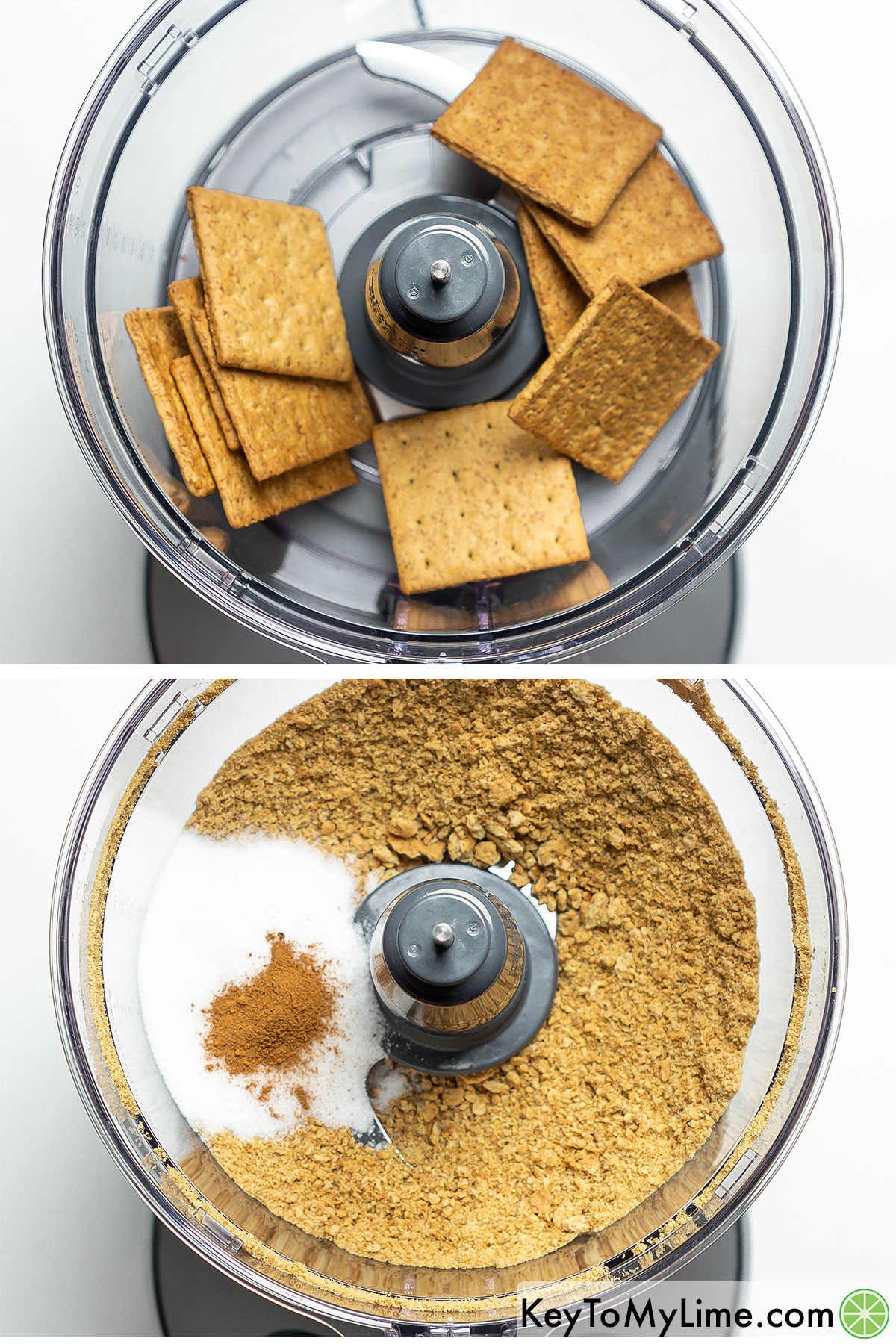 Adding graham crackers to a food processor, and then pulsing and adding sugar and cinnamon.