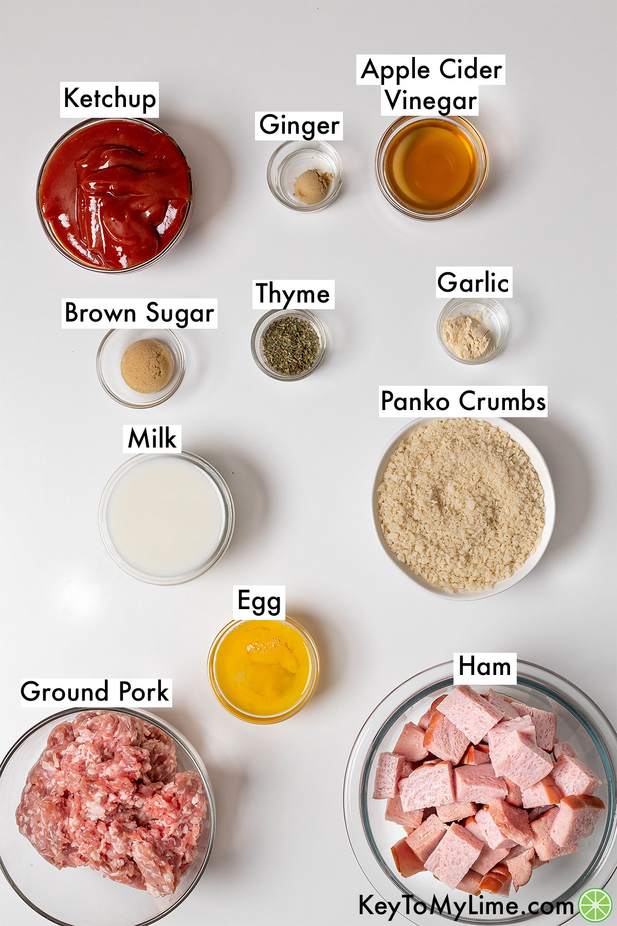 The labeled ingredients for ham balls.