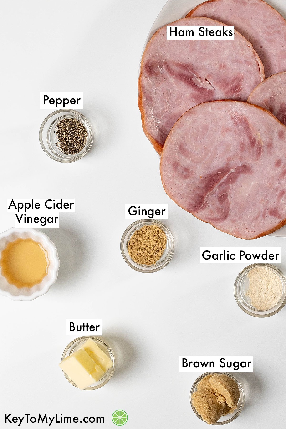 The labeled ingredients for ham steak recipe.