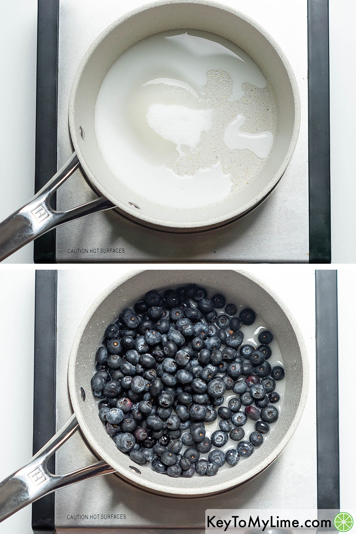 Heating the cornstarch slurry in a sauce pan, and then adding blueberries.