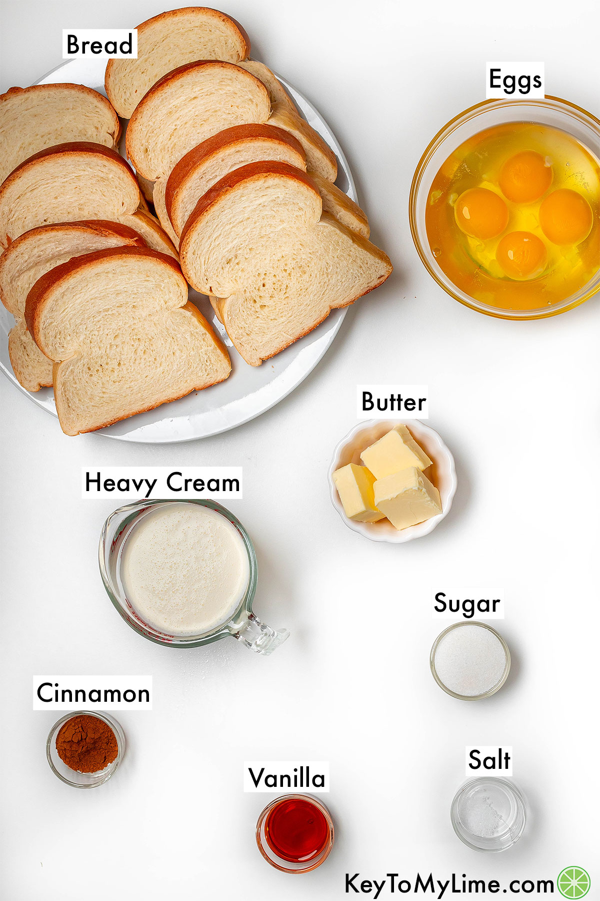 The labeled ingredients for how to make cinnamon French toast.