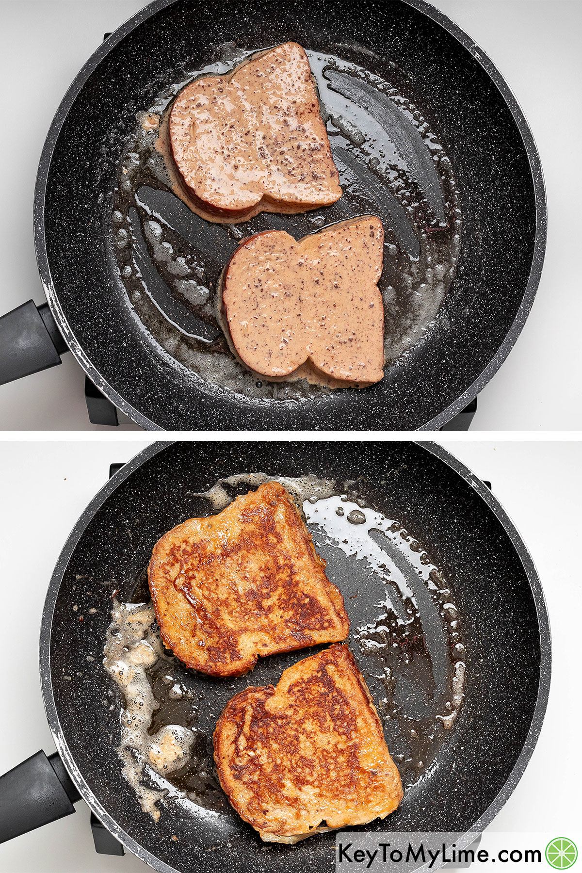 Melting butter in a skillet, and then adding the soaked bread and flipping halfway through cooking.
