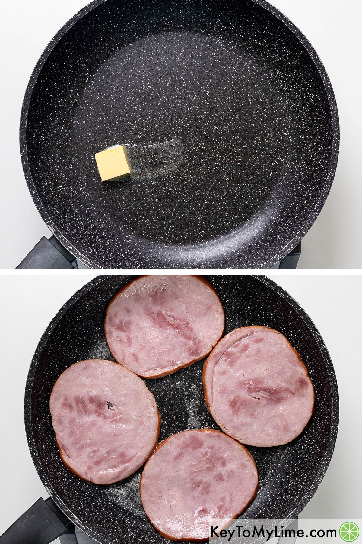 Melting butter in a hot skillet, and then once melted adding and searing both sides of the ham steaks until cooked.