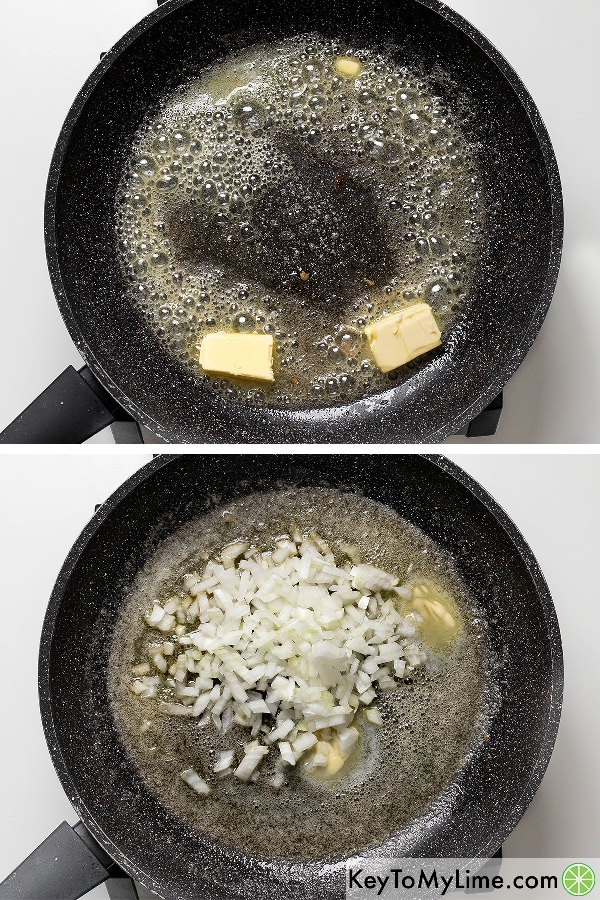 Melting butter into the remaining oil, and then adding and cooking onions until translucent.