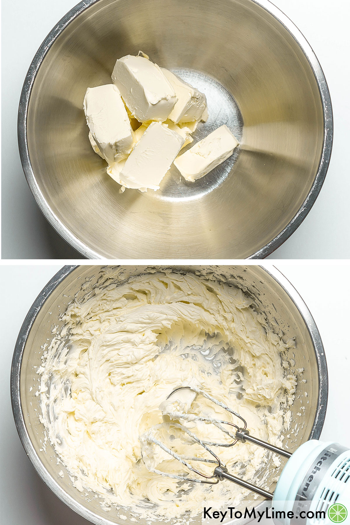 Adding cream cheese to a a large mixing bowl, and then hand mixing until light and fluffy.