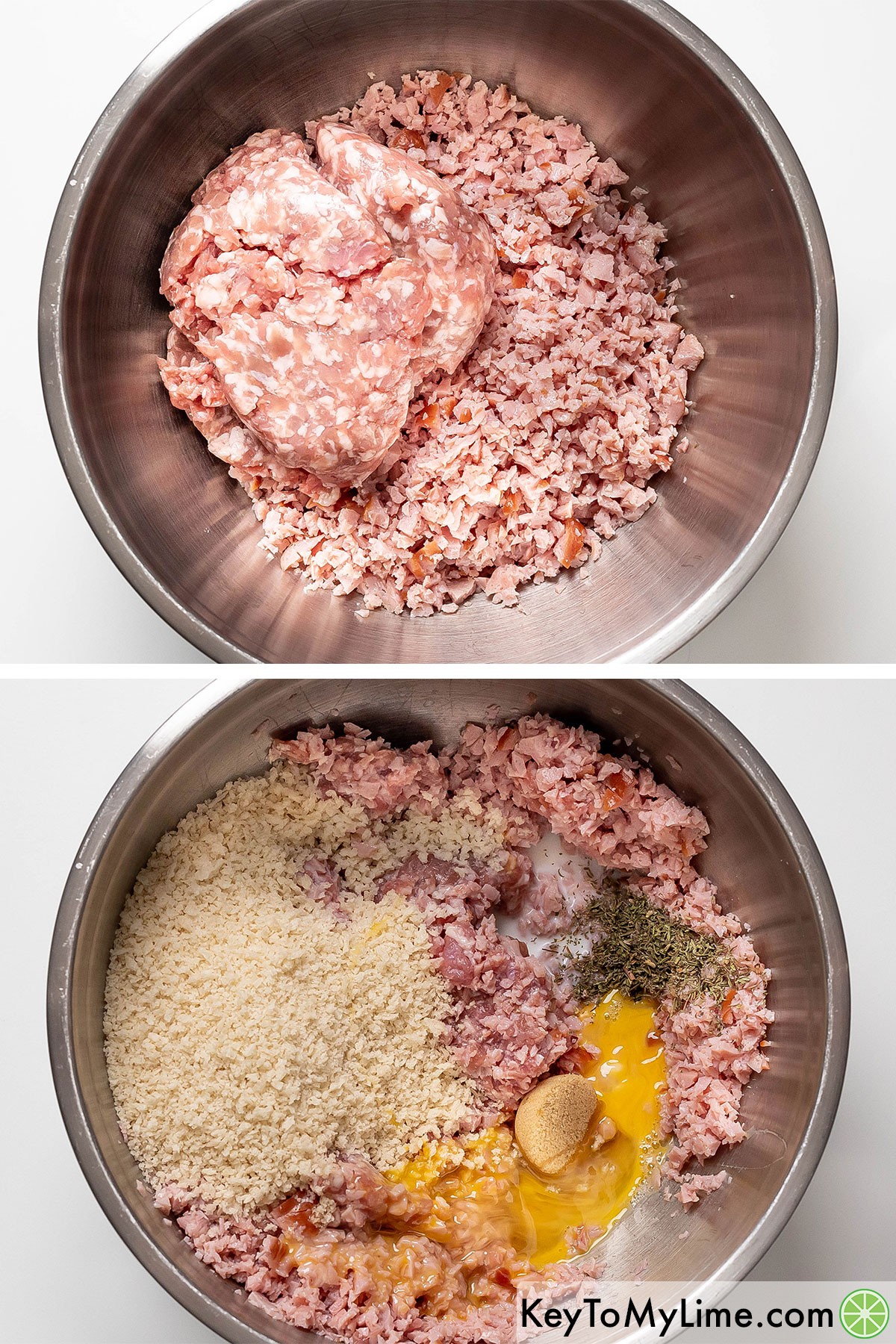 Mixing the processed ham and ground pork together in a large mixing bowl, and then adding in panko, sugar, thyme, and egg.