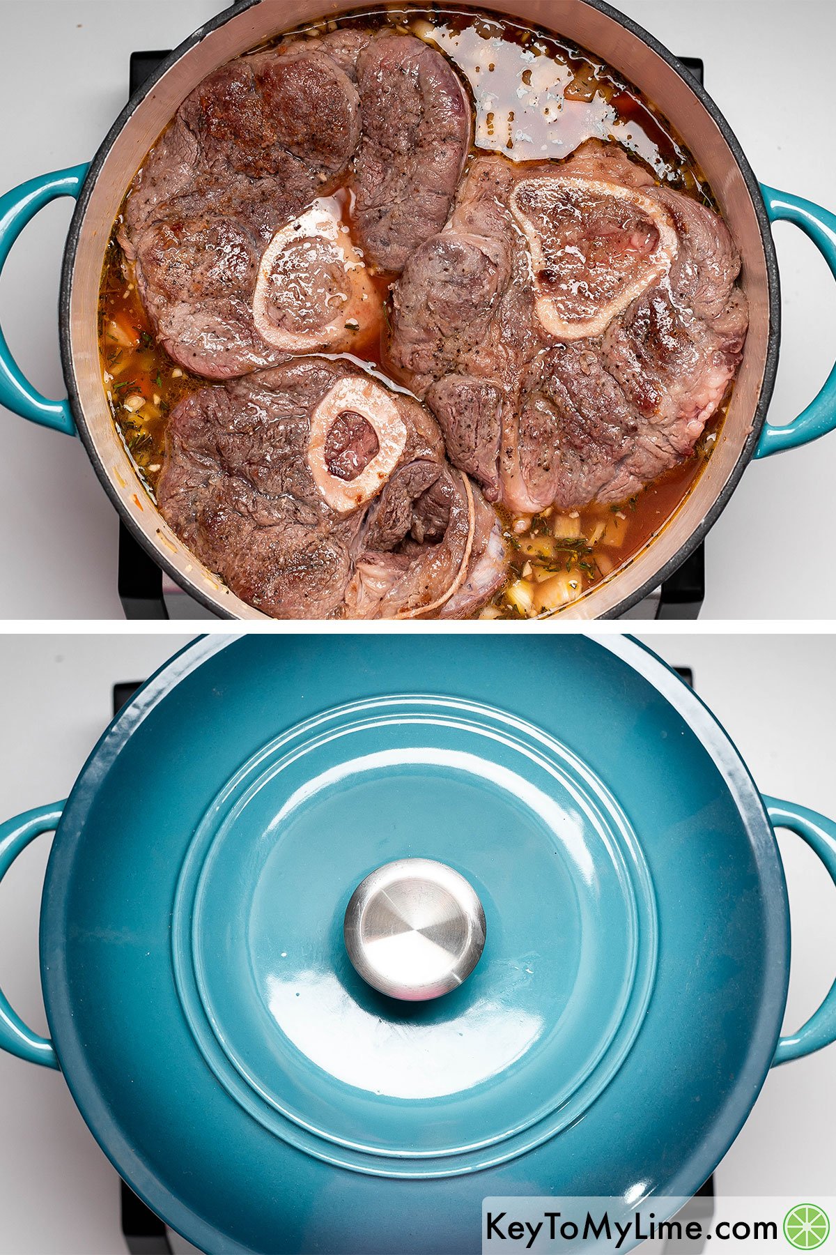 Covering the dutch oven with a lid, and then braising in an oven for a few hours until tender.
