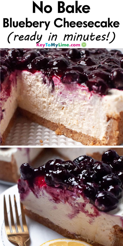 A Pinterest pin image with a picture of no bake blueberry cheesecake with title text at the top.
