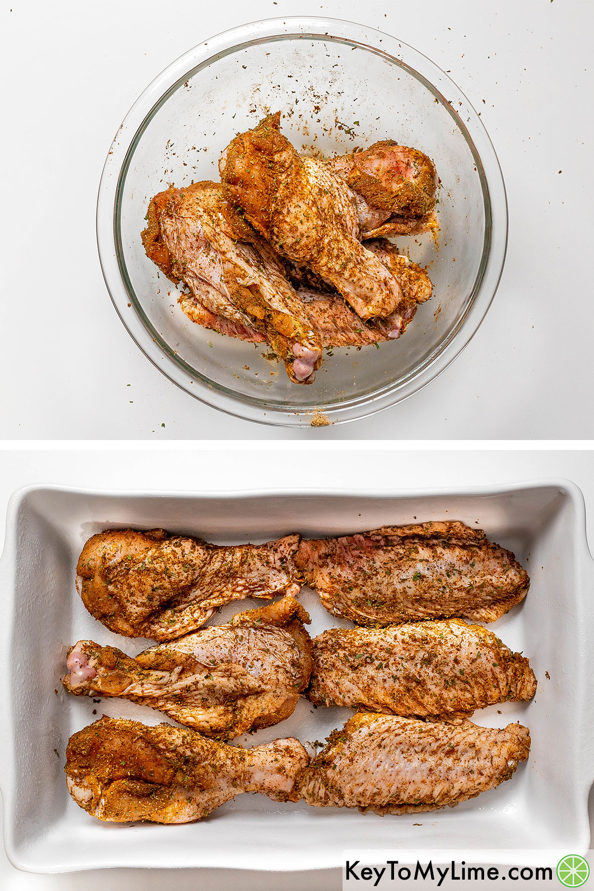 Adding the coated turkey wings to a single layer on a lightly greased casserole dish.