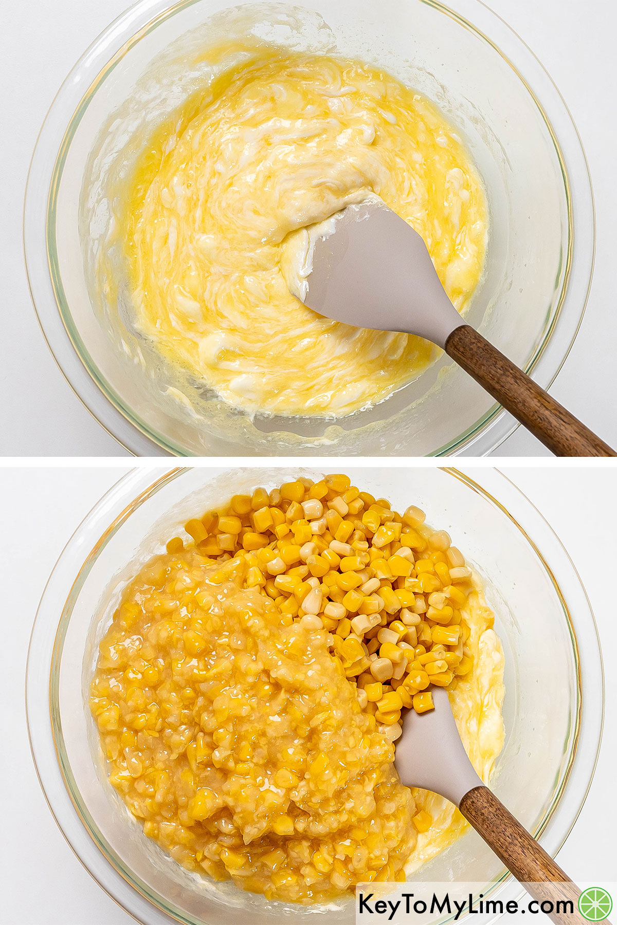 Once the wet ingredients are mixed together adding both types of corn to the mixing bowl.