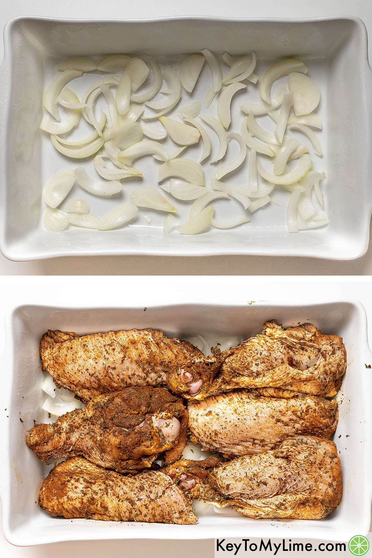 Adding a layer of onions to a casserole dish, and then placing the coated turkey wings over top.