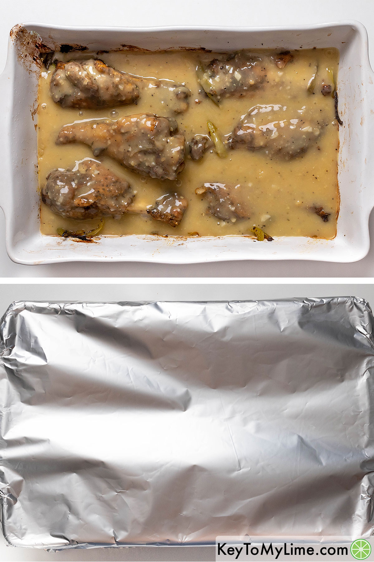 Pouring gravy over the wings, and then adding the casserole back to the oven covered with aluminum foil.
