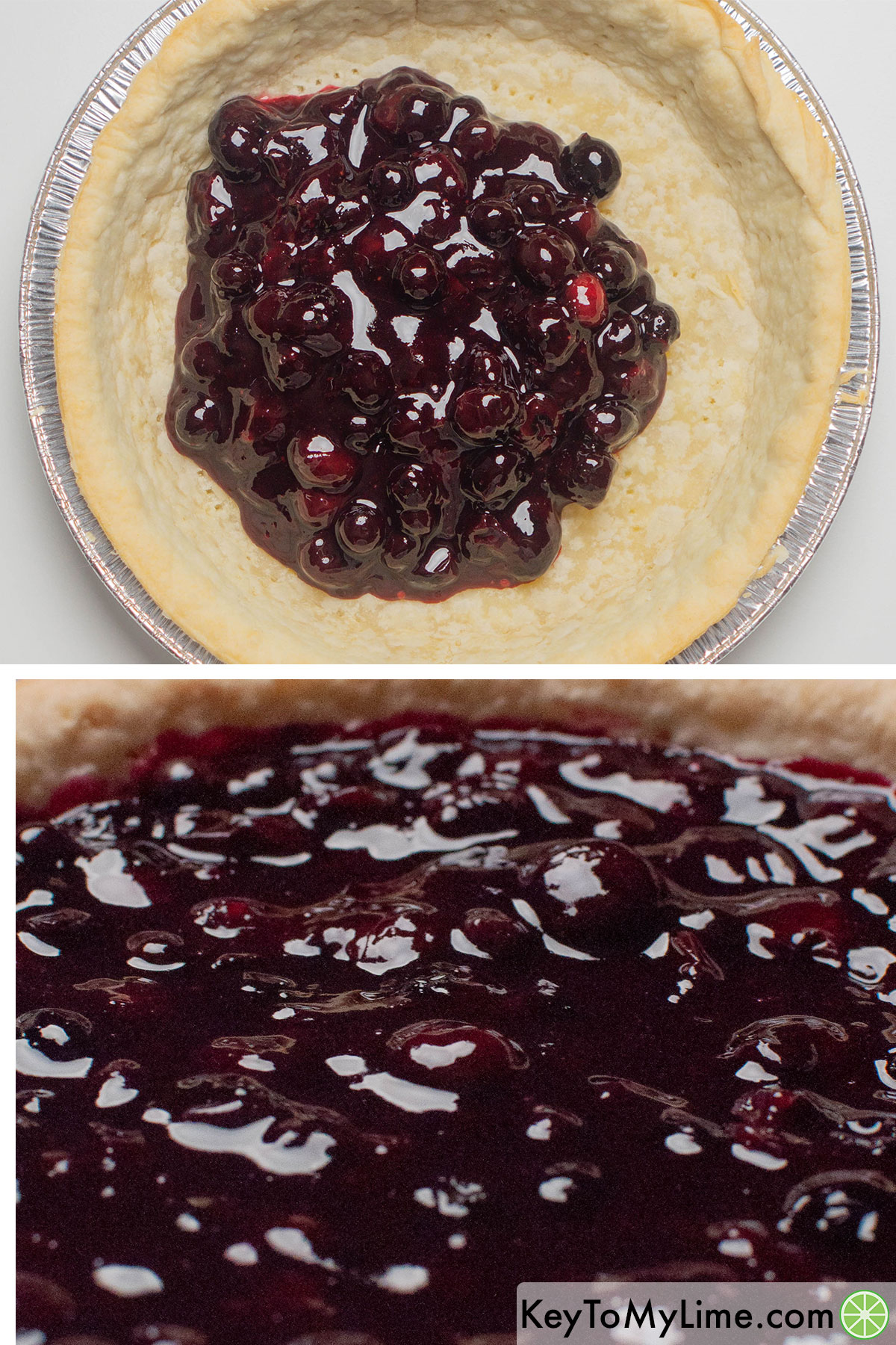 Pouring the blueberry pie filling into a pie crust.