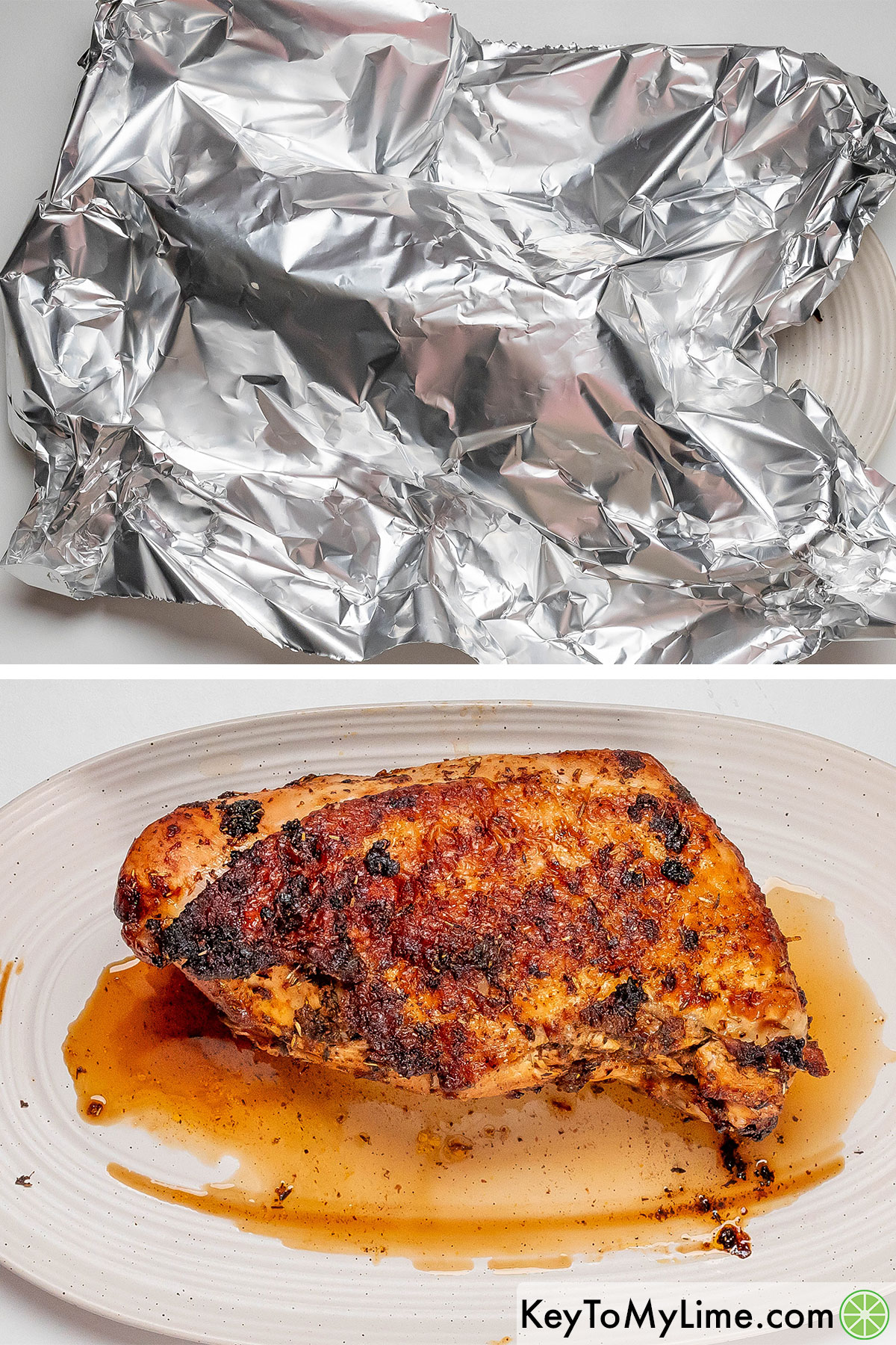 Removing the turkey breast from the air fryer, and then resting tented under aluminum foil.
