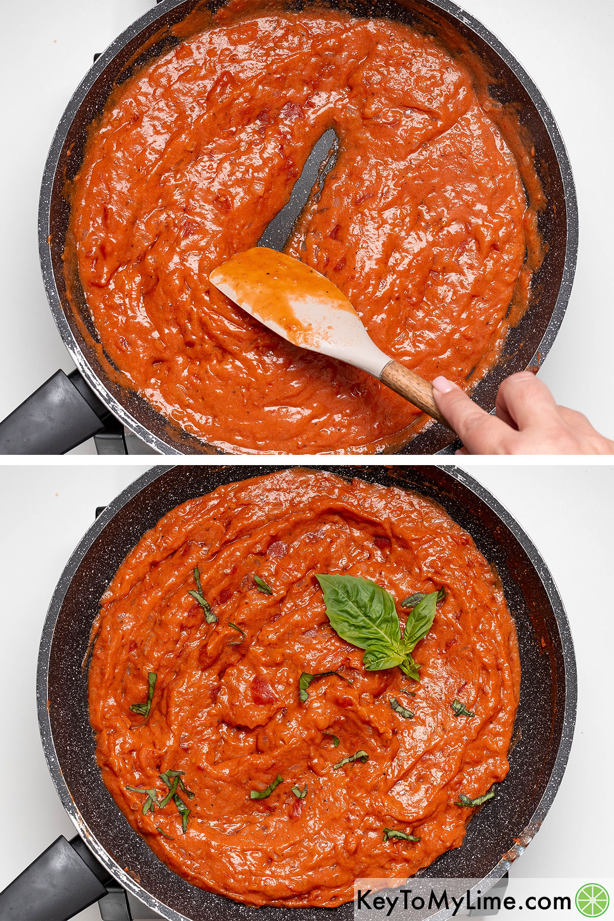 Simmering the gravy in a large sauce pan until the sauce is thick, and then adding fresh basil.