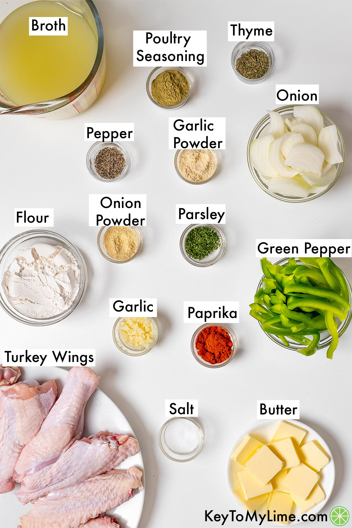 The labeled ingredients for smothered turkey wings recipe.