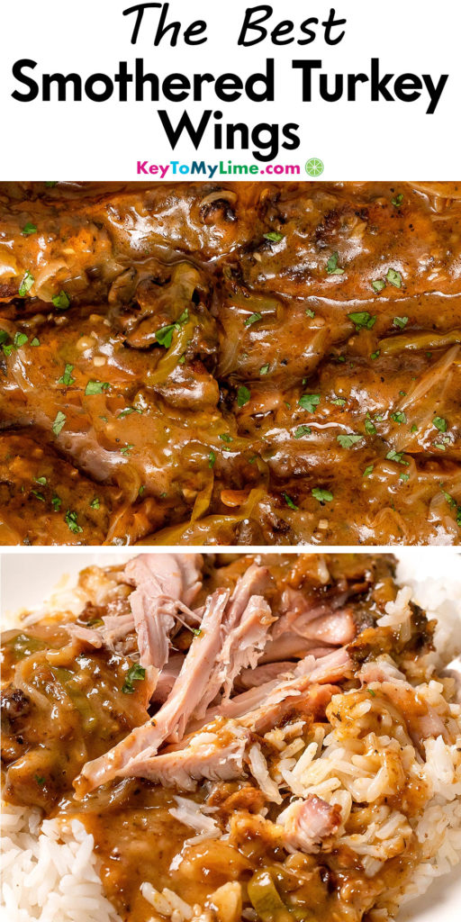A Pinterest pin image with a picture of smothered turkey wings with title text at the top.