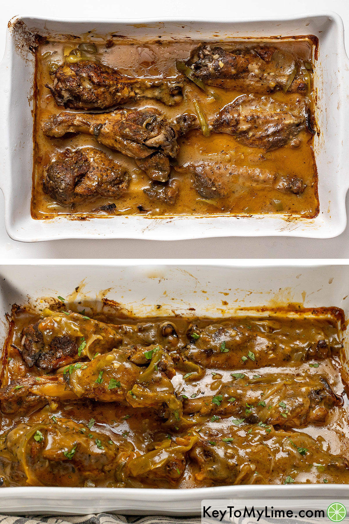 Spooning gravy over the cooked turkey wings, and then garnishing with fresh parsley.
